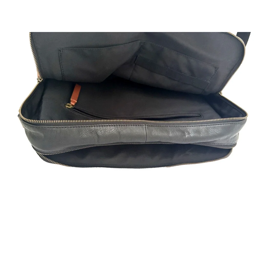 Fossil Defender Briefcase Black Leather Top Handles Crossbody Strap Double Zip
